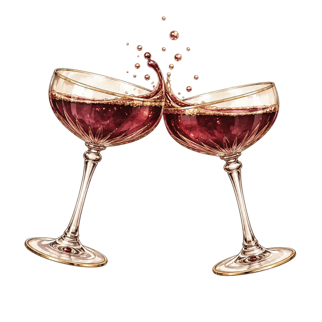 Two burgundy champagne glasses clinking