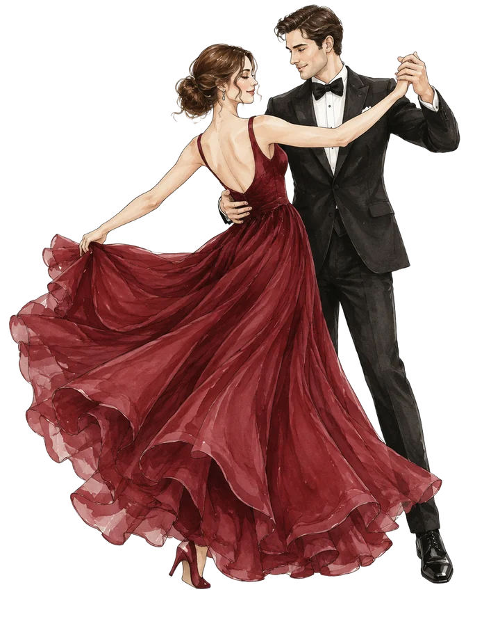 A couple dancing in elegant black-tie attire