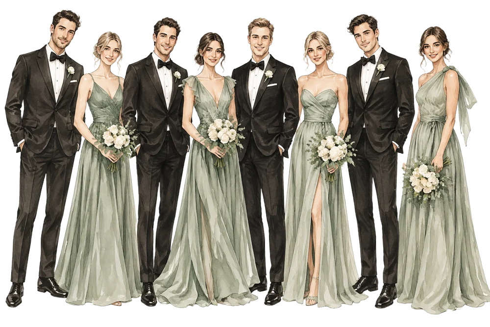 Wedding guests in black tie and sage-green gowns