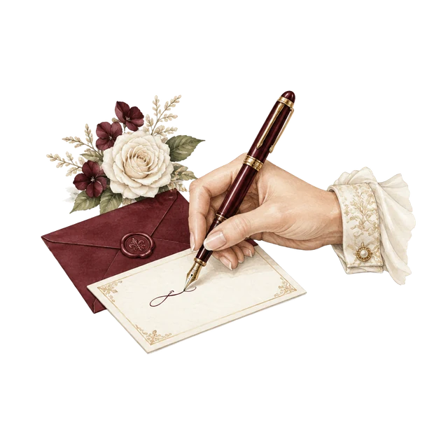 A hand writing an RSVP with a burgundy fountain pen