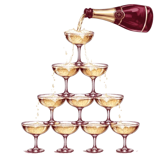 A complete champagne bottle pouring into a tower of glasses
