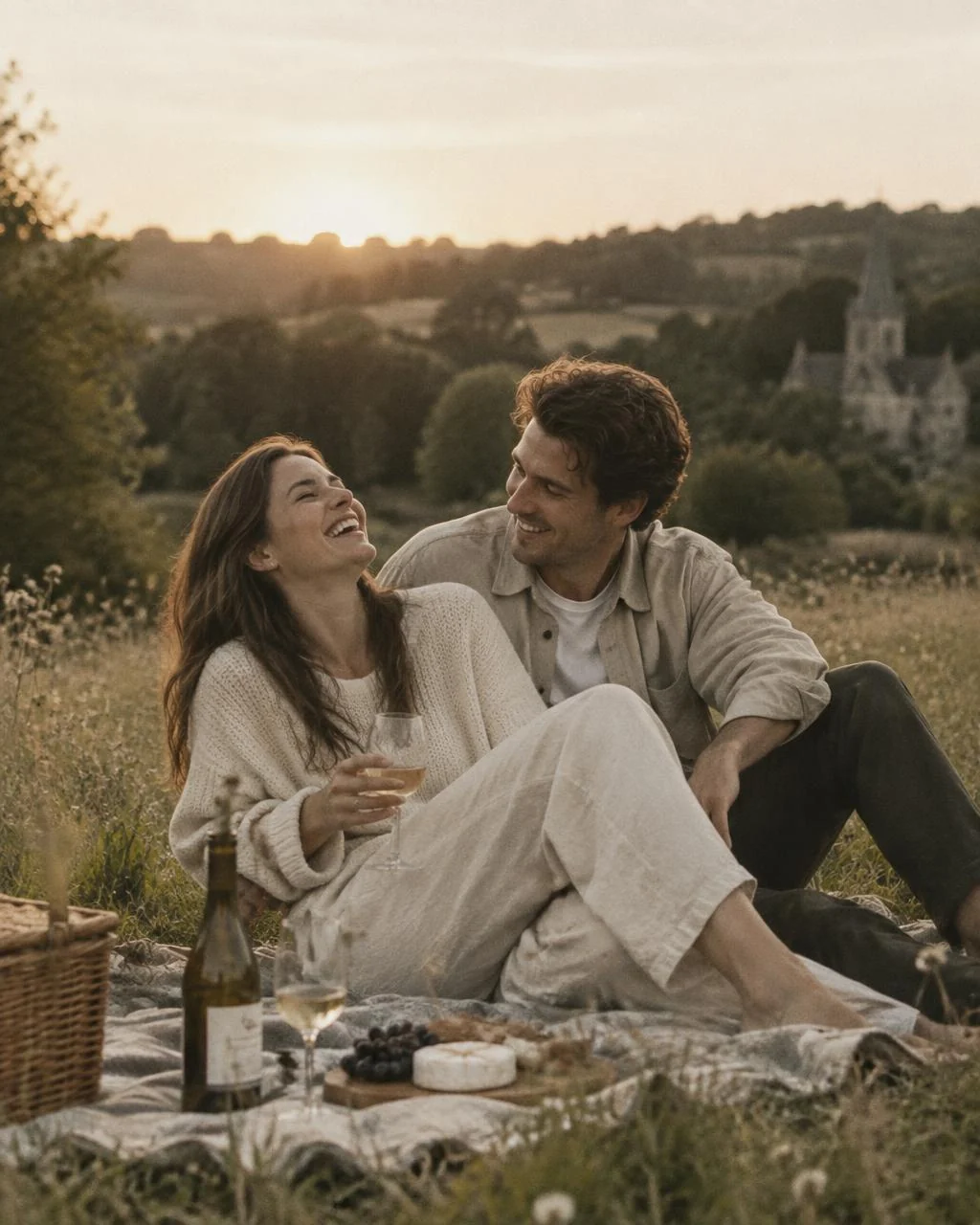 Amelia and Julian sharing a picnic at golden hour
