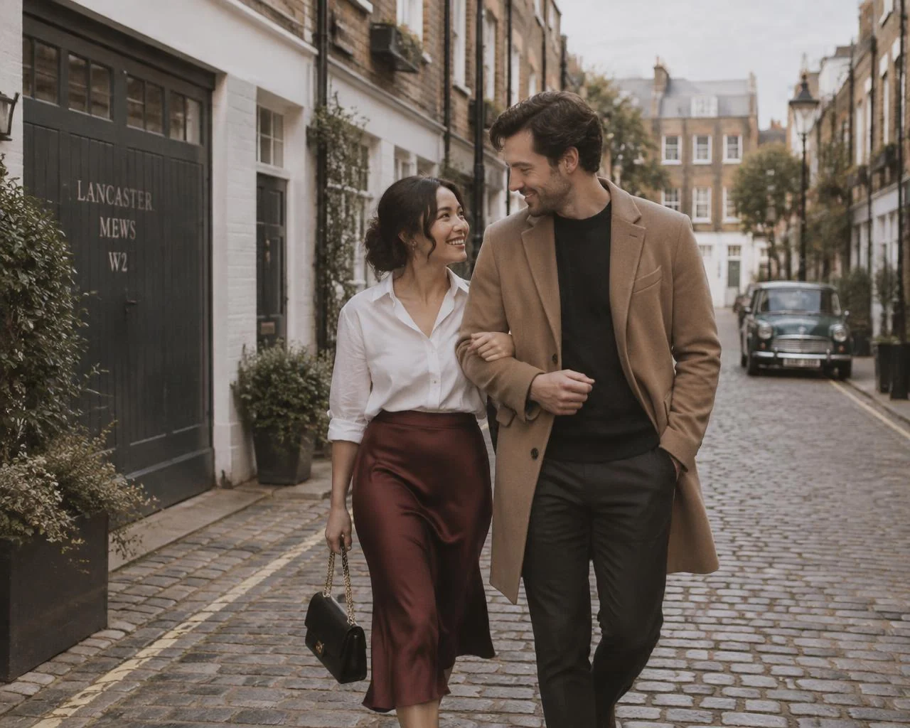 Amelia and Julian walking through a London mews